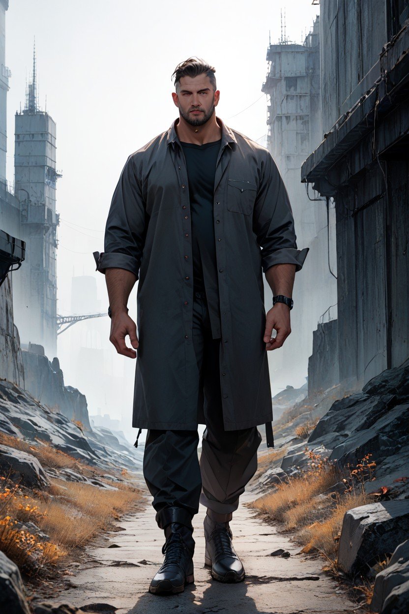 A Distant View Of A Cyborg Person In The Far Left Of The Frame, Desolate Landscape And Towering Futuristic Structures Filling The Rest Of The Scene, 広角 ゲイAIポルノ