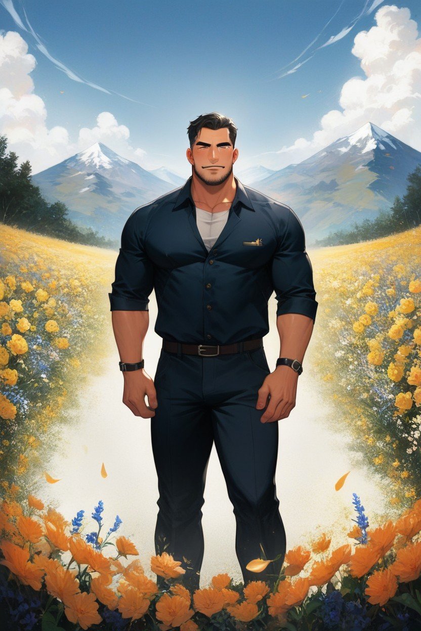 Men Only, With A Sprawling Countryside And Mountains In The Background, A Wide-angle View Of A Person Standing In A Field Of Flowers The Person Is In The Foreground Porno gay IA