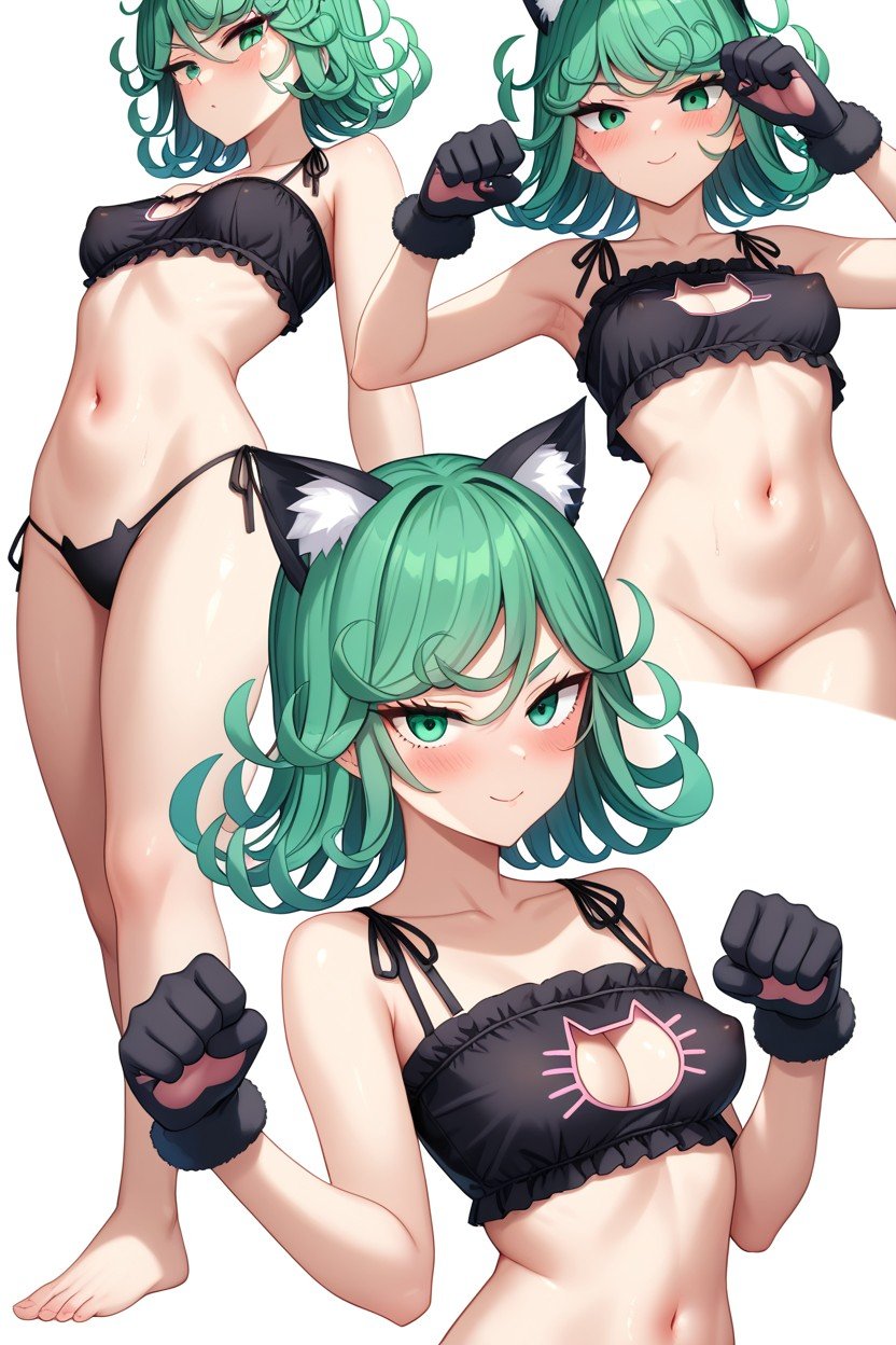 One Breast Bared, Cat Pose, Green Hair Hentai AI Porn