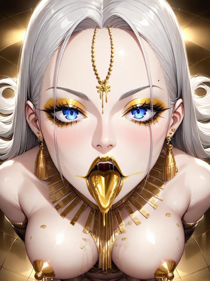 Colored Gold Metal Coating Tongue, Gold Metal Coating Eyeshadow, 18+ Hentai AI Porn