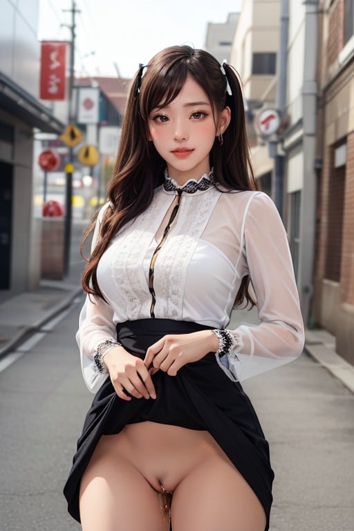 Camel Toe, Shaved Pussy, Wearing Black Long Sleeve Dress With Laced Collar Asian AI Porn