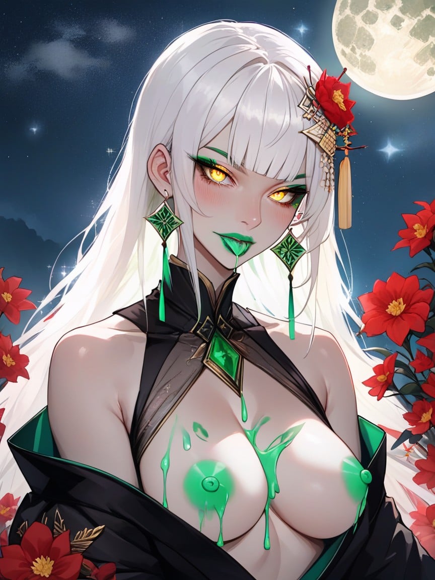 Green Liquid Breast Milk, Black Kimono With Red Flowers, Yellow Eyes Hentai AI Porn