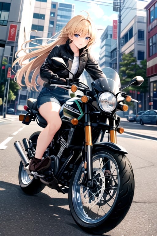 Detailed Depiction, Pretty Japanese Woman, The Colour Of The Motorcycle Is Black AI黄漫