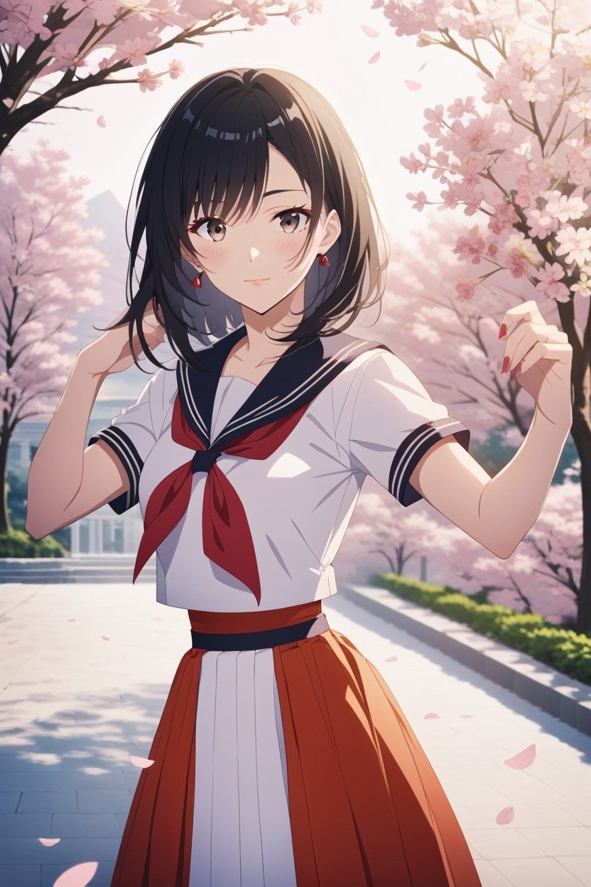 苗條, 水手服, Cherry Blossom Background AI黃漫