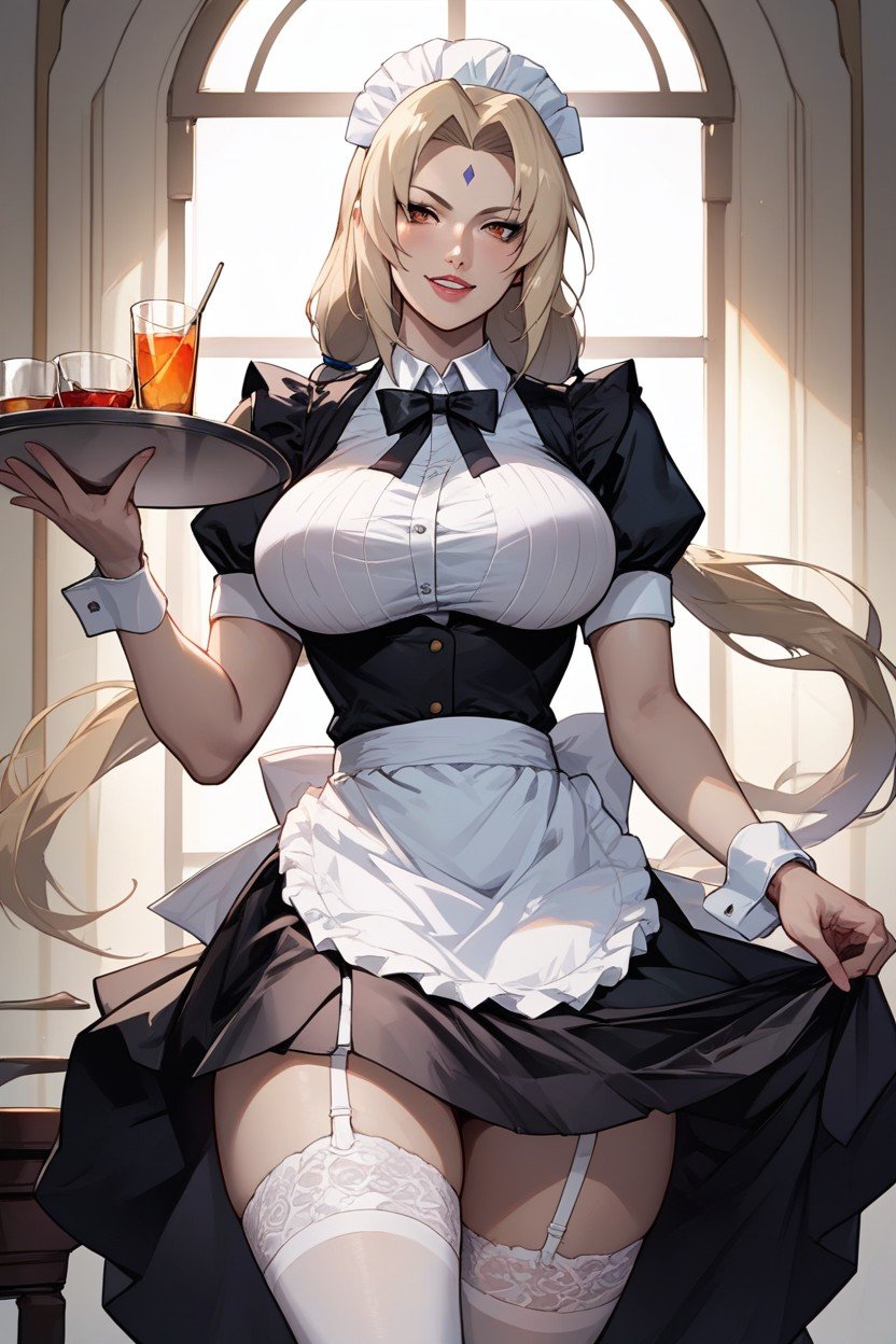 Large Bouncing Breasts Skirt, Tsunade From Naruto In A Maid Outfit With A Deep Neckline, Long Loose Hair Holding A Tray Hentai AI Porn