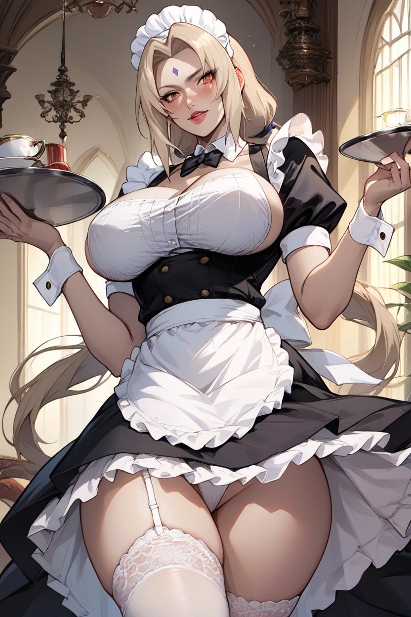 Peito Grande, Tsunade From Naruto In A Maid Outfit With A Deep Neckline, Bonitinho Hentai IA pornografia