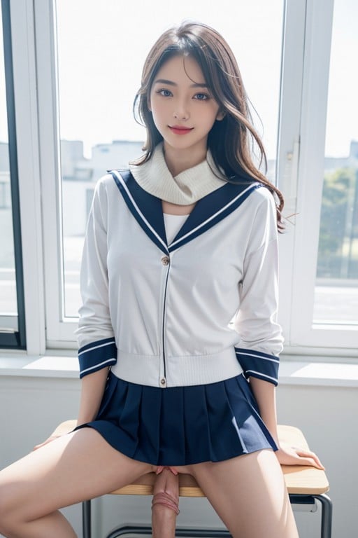 One Side Up, Shaved Pussy, White Sailor Scarf AI国产黄片