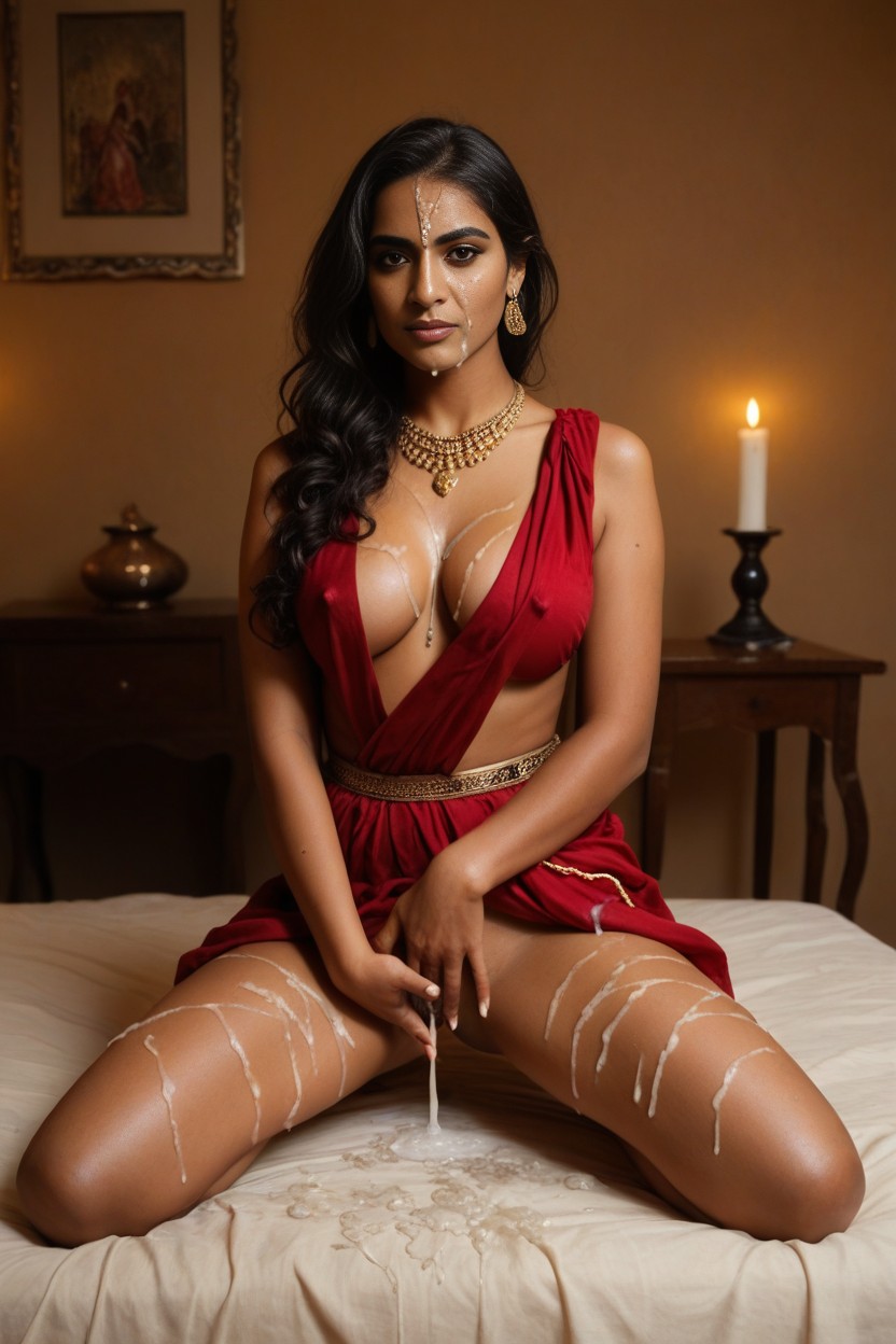 Ornate Traditional Ethnic Indian Saree Sari Cosplay, Long Wavy Black Hair, Dark Brown Erect Nipples AI Porn