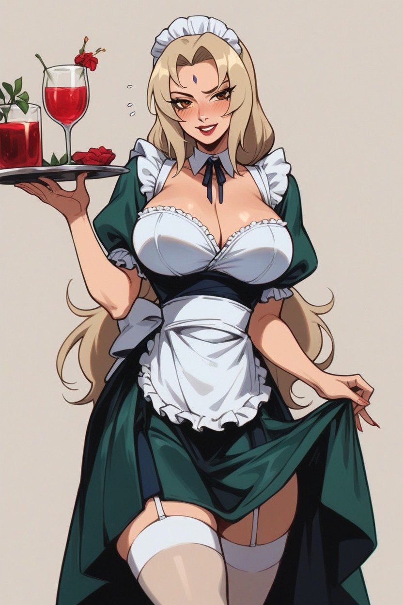 Playful Posesexy Mature Housemaid, Tsunade From Naruto In A Maid Outfit With A Deep Neckline, 筋肉質 ヘンタイAIポルノ