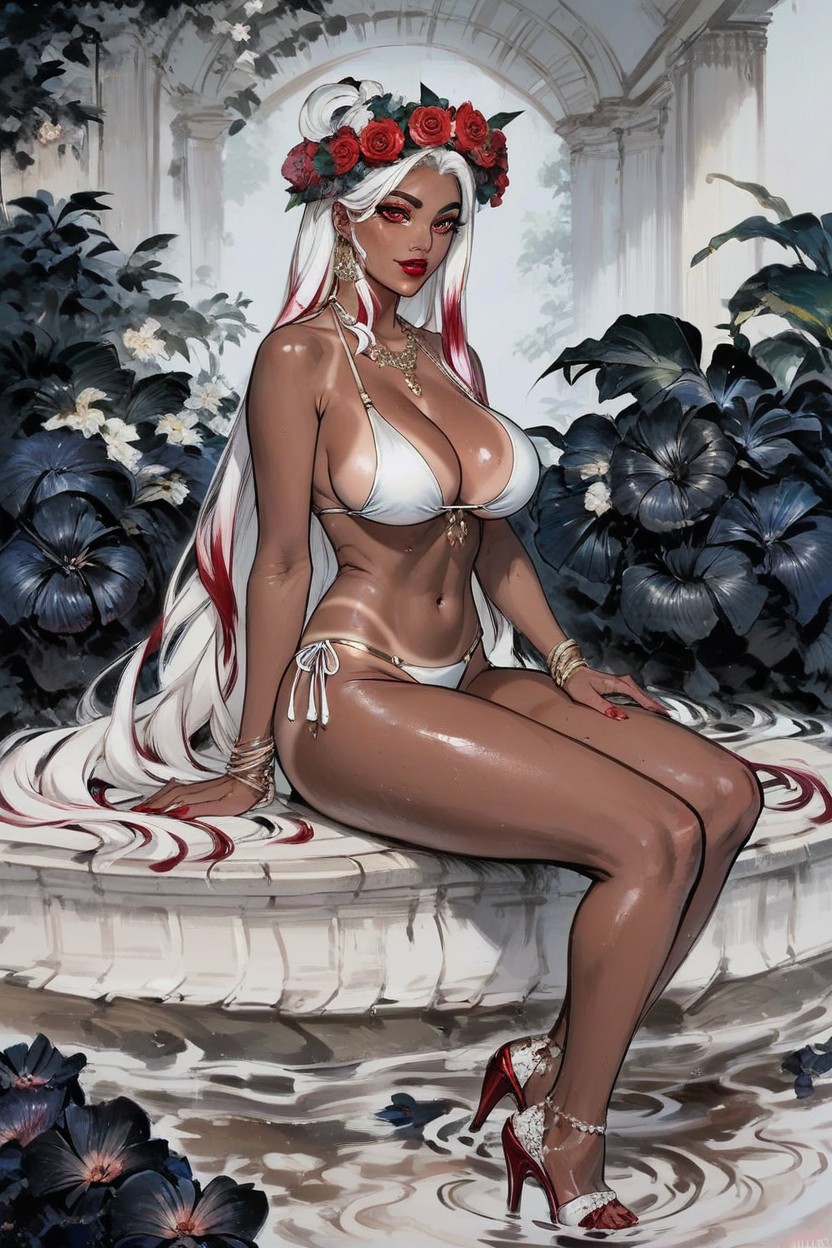 Cleavage, White Hair With Red Highlights, Tan Skin Hentai AI Porn