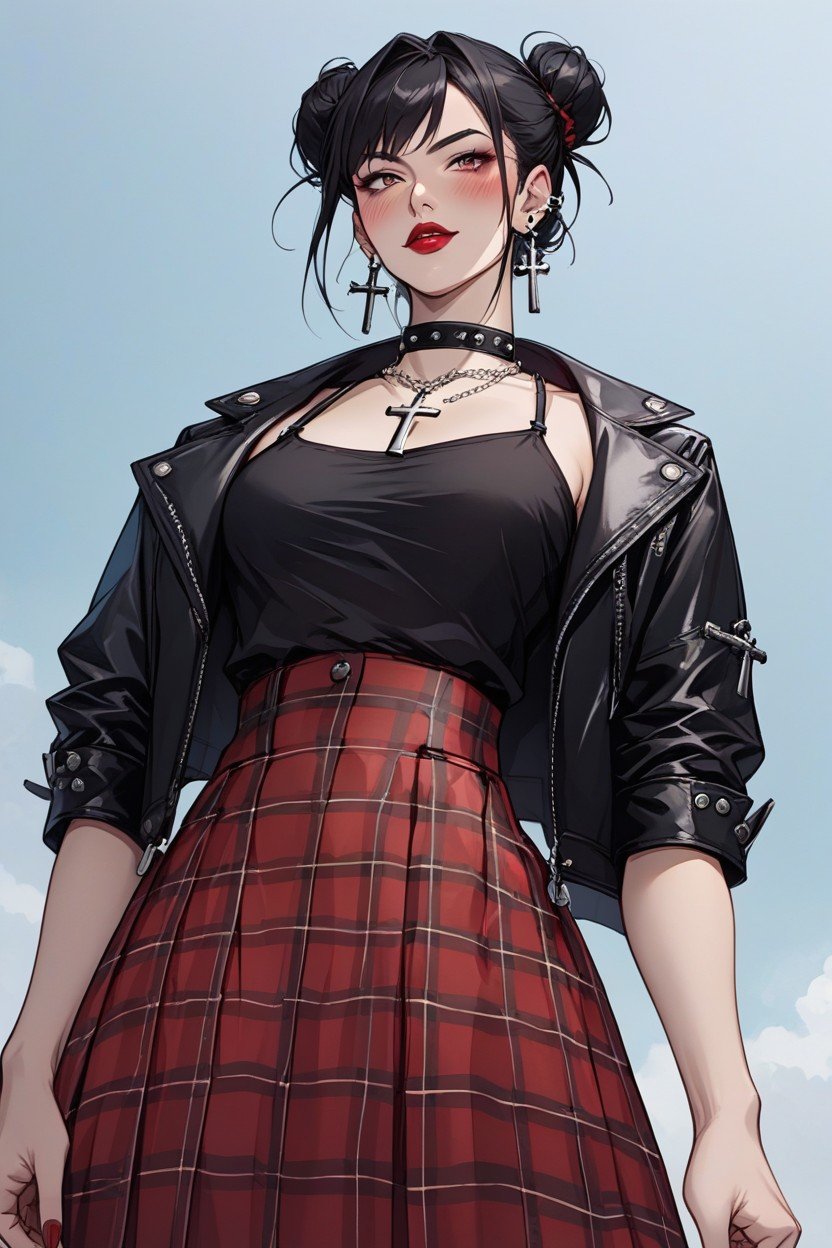 Look At Viewer, Red Plaid Skirt, Bangs AI黃漫