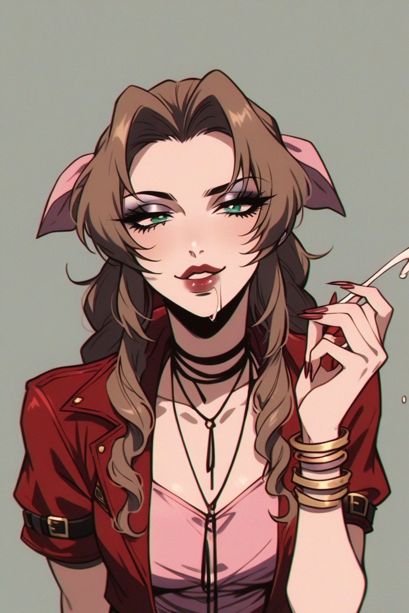 Aerith Gainsborough Sucking Her Fingers, Sharp Jawline, Makeup Hentai IA pornografia