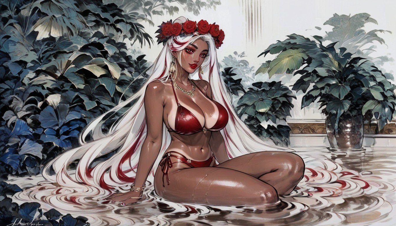 Piscine, White Hair With Red Highlights, Long Hair Porno IA Hentai