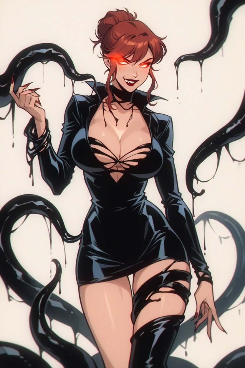 Black Tentacles Comes Out Of Her Back, Peito Enorme, Venom Symbiote On Some Parts Of Shirt Hentai IA pornografia