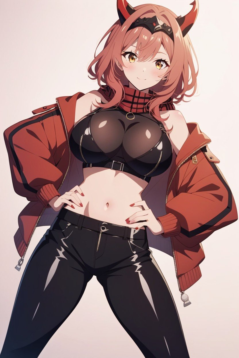 Voluminous Red Hair That Flows Freely, 18+, With A Confident And Slightly Mischievous Expression • Outfit • Top A Tight Black Latex Long-sleeve Crop Top That Barely Covers Her Chest The Front Features A Zipper That Is Left Open AI黄漫