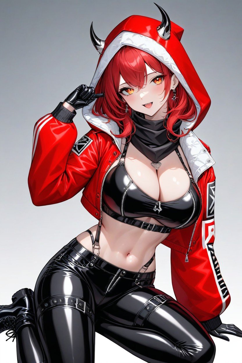 Revealing A Significant Portion Of Her Large Breasts The Latex Material Clings Tightly To Her Body, Adding To Her Fierce And Striking Look • Eyes Hazel-amber In Color, Voluminous Red Hair That Flows Freely Hentai AI Porn