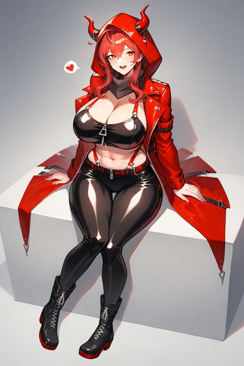 큰 엉덩이, Designed To Highlight Her Figure A Flowing Red Scarf Is Wrapped Around Her Neck, Adding A Sense Of Movement • Lower Body • Pants Tight Black Latex Pants With Red Suspenders Holding Them Up The Design Features Large Cutouts On The Inner And Outer Thighs 헨타이 AI 포르노