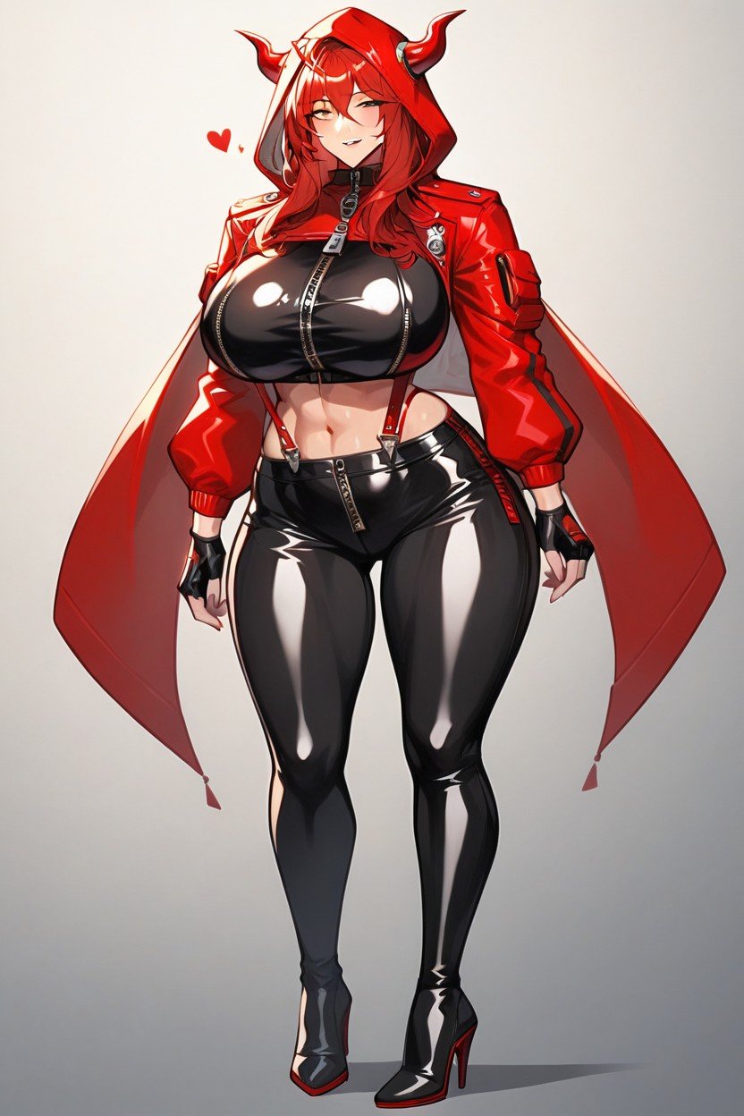 Hazel-amber In Color, Red Hair, With A Confident And Slightly Mischievous Expression A Tight Black Latex Long-sleeve Crop Top With A Large Breast Window The Front Features A Zipper That Is Left Open Hentai AI Porn