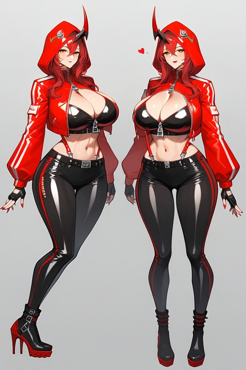 With Wavy Strands Framing Her Face Two Black, Sleek And Form-fitting Fingerless Black Gloves With Reinforced Knuckles, Form-fitting Red Biker Jacket With No Red Hood On Her Head And With A High Collar And Black Accents AI黃漫