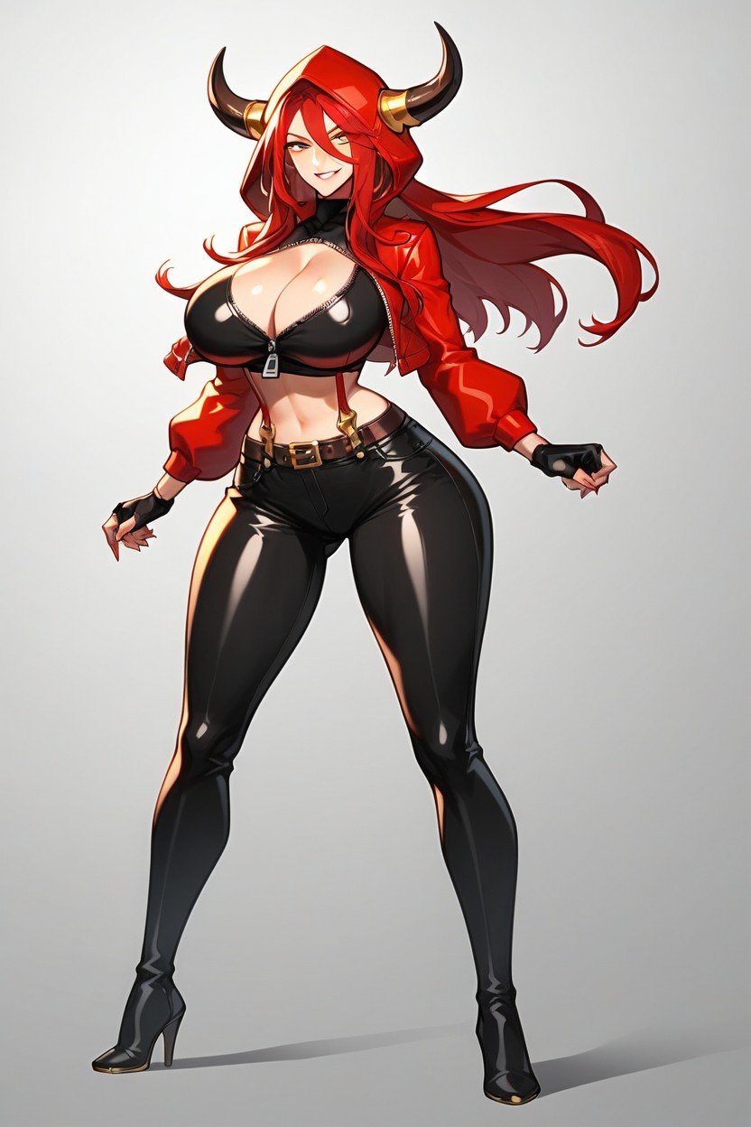 Revealing A Significant Portion Of Her Large Breasts The Latex Material Clings Tightly To Her Body, 18+, Designed To Highlight Her Figure Tight Black Latex Pants With Large Cutouts That Expose Her Inner And Outer Thighs With Red Suspenders Holding Them Up Knee-high Black Boots With High Heels ヘンタイAIポルノ