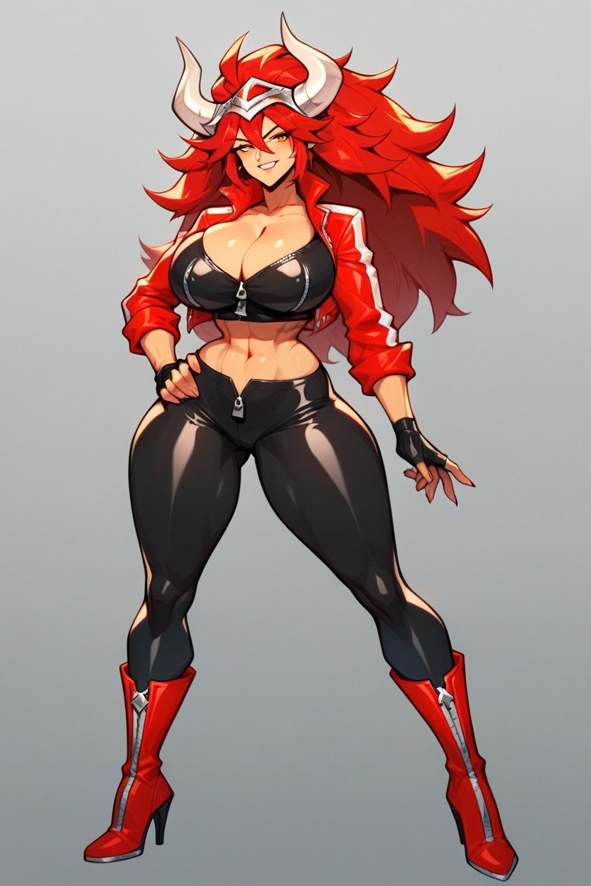 Designed To Highlight Her Figure Tight Black Latex Pants With Large Cutouts That Expose Her Inner And Outer Thighs With Red Suspenders Holding Them Up Knee-high Black Boots With High Heels, 18+, 丸いお尻 ヘンタイAIポルノ