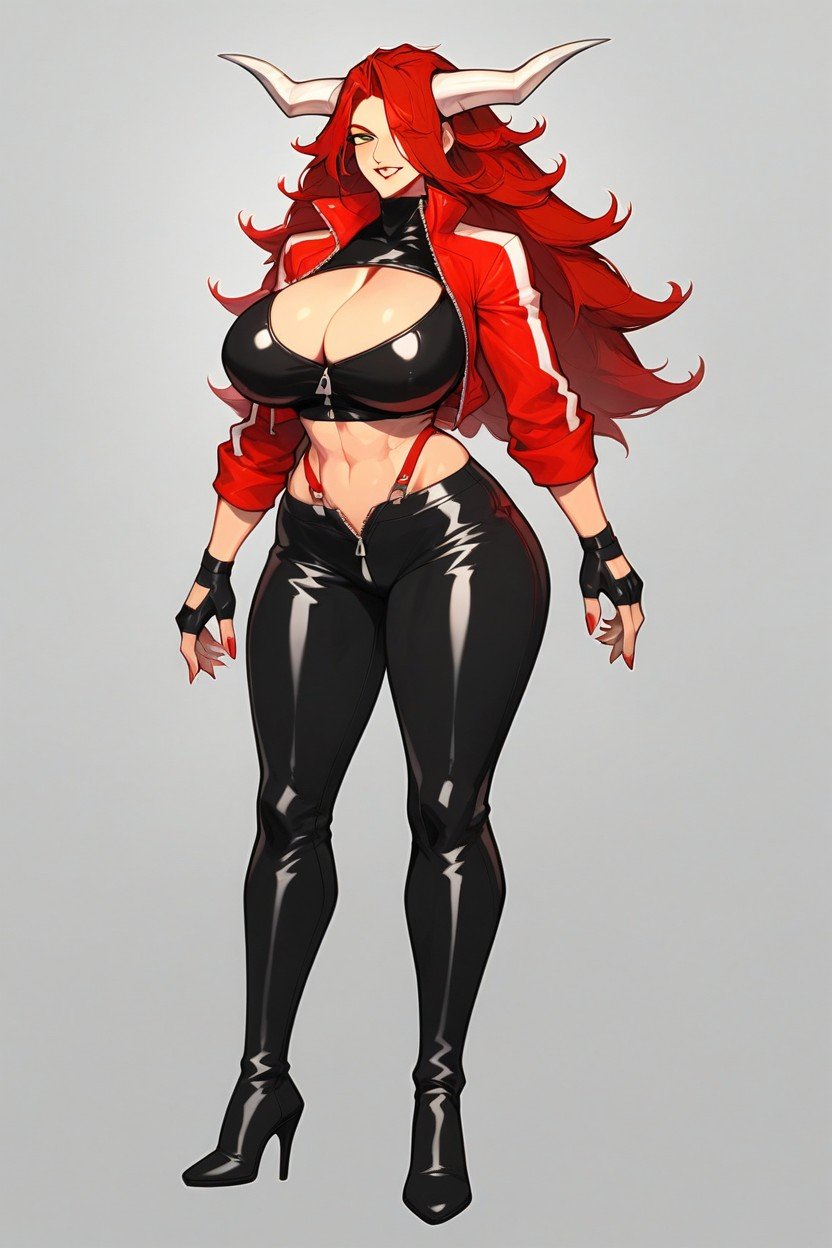 18+, With A Confident And Slightly Mischievous Expression A Tight Black Latex Long-sleeve Crop Top That Shows The Top Of Her Breasts Exposing Her Cleavage The Front Features A Zipper That Is Left Open, Cabelo Vermelho Hentai IA pornografia