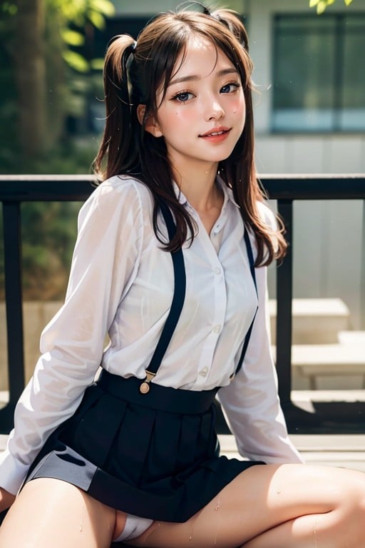 Long Sleeves, 앉아서 다리 벌리기, White Blouse 아시아 AI 포르노