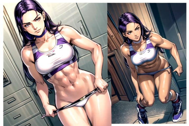 Dynamic Athletic Pose, Ultra Violet Hair, Body 아시아 AI 포르노