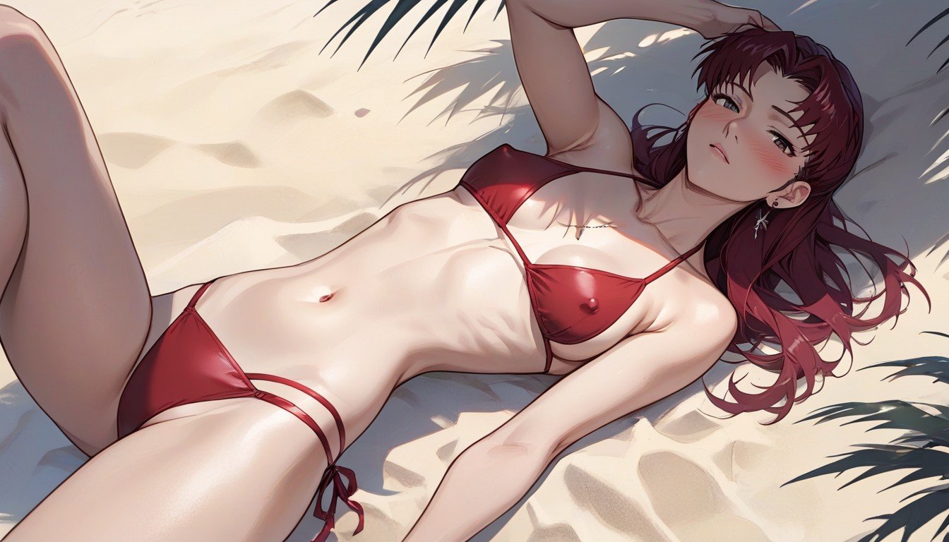 咧嘴笑, Red Bikini Swimsuit, 沙滩 AI黄漫