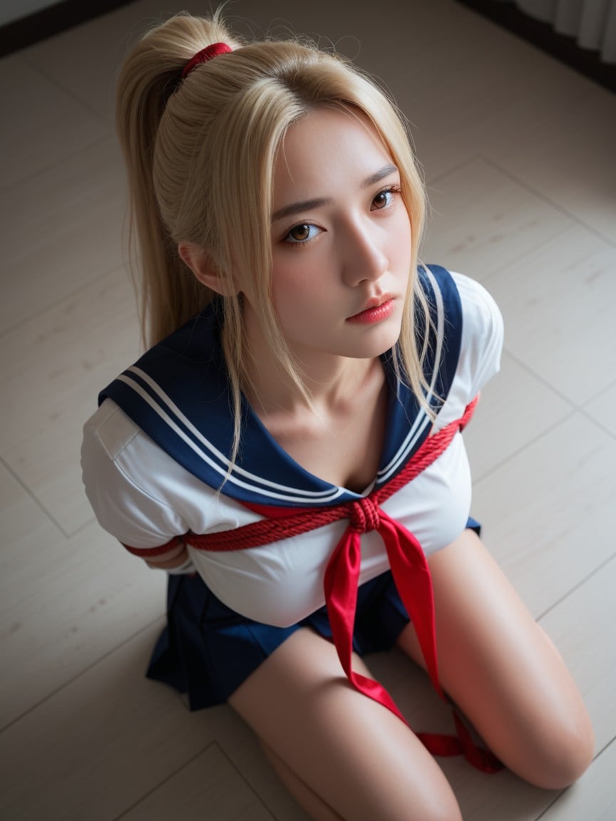 Restrained With Red Rope, Looking Up At The Viewer, Wearing A White And Blue Sailor Uniform Top With A Red Tie And A Blue Skirt AI国产黄片