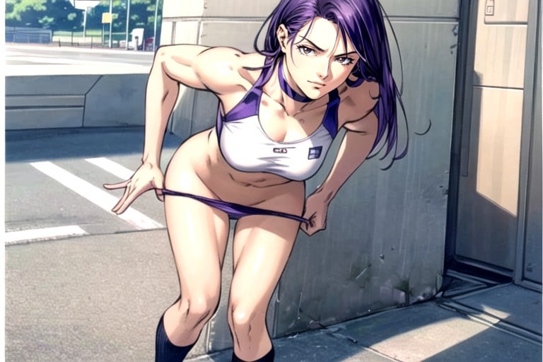 Brown Eyes, Mischievous, Purple Hair Hentai AI Porn