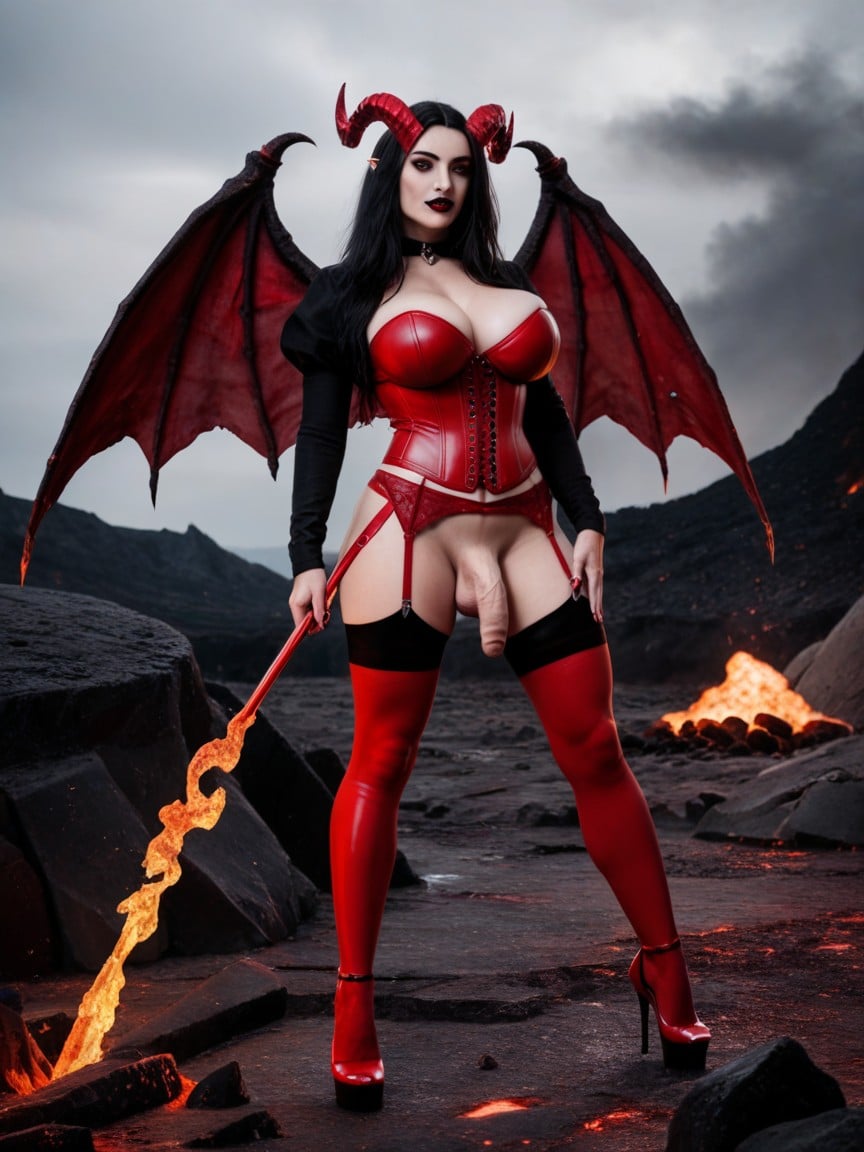 Red Leather Corset, Fire, Goth Pornografia gay com IA