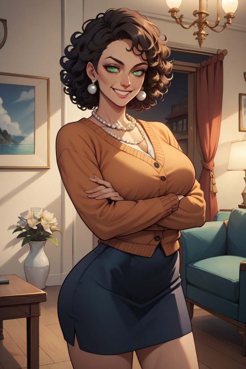 Curly Hair, Gold Chain Necklace, Pearl Earrings Hentai IA