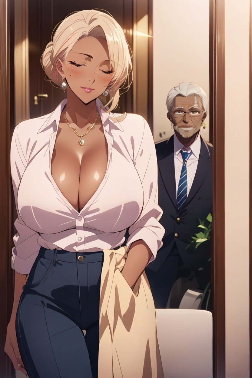 Peau Brun Foncé, Clivage, Chemise De Bureau Porno IA Hentai