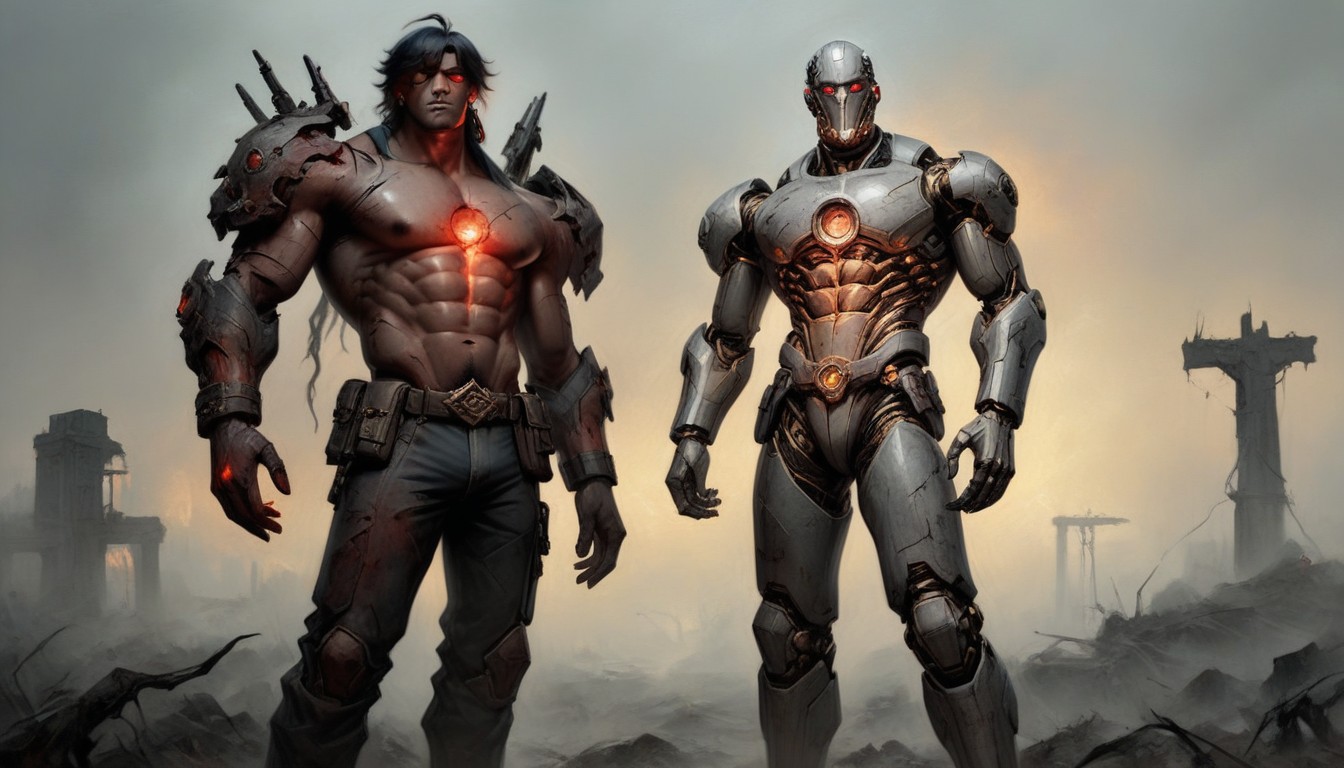 Fully Human, A Gritty Dystopian Aesthetic, Wearing Tattered Futuristic Clothing AI Gay Porn
