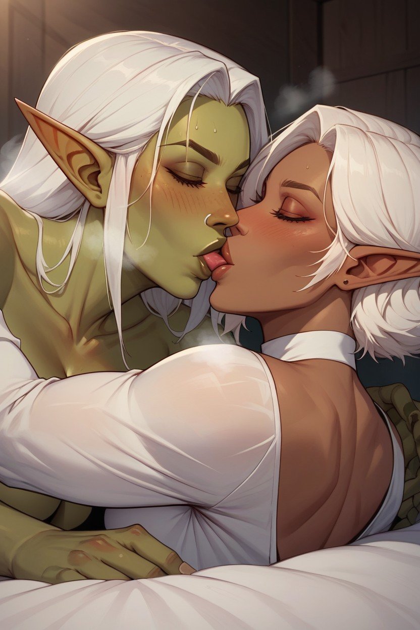 Dark Brown Skinned Elf With White Hair On The Right Side, Passionate Moment, In Royal Bed Chambers Porno IA Hentai