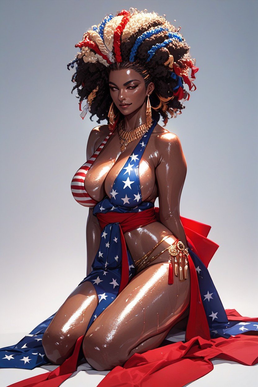 Afro Hair, Draped In The American Flag, Oiled Skin ヘンタイAIポルノ