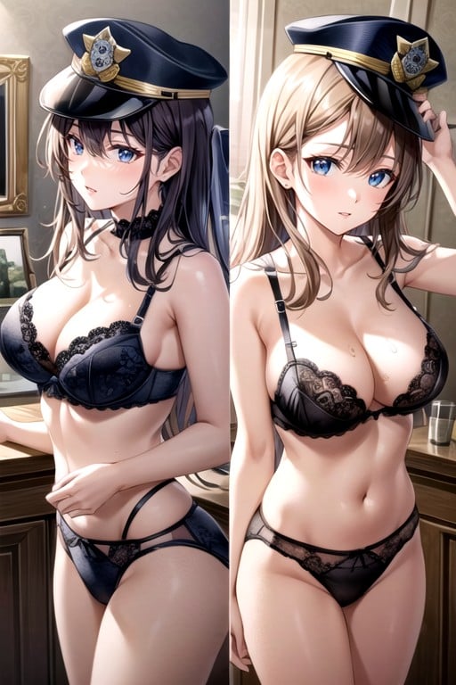 Costume De Police, Écran Divisé, Lingerie Porno IA Hentai