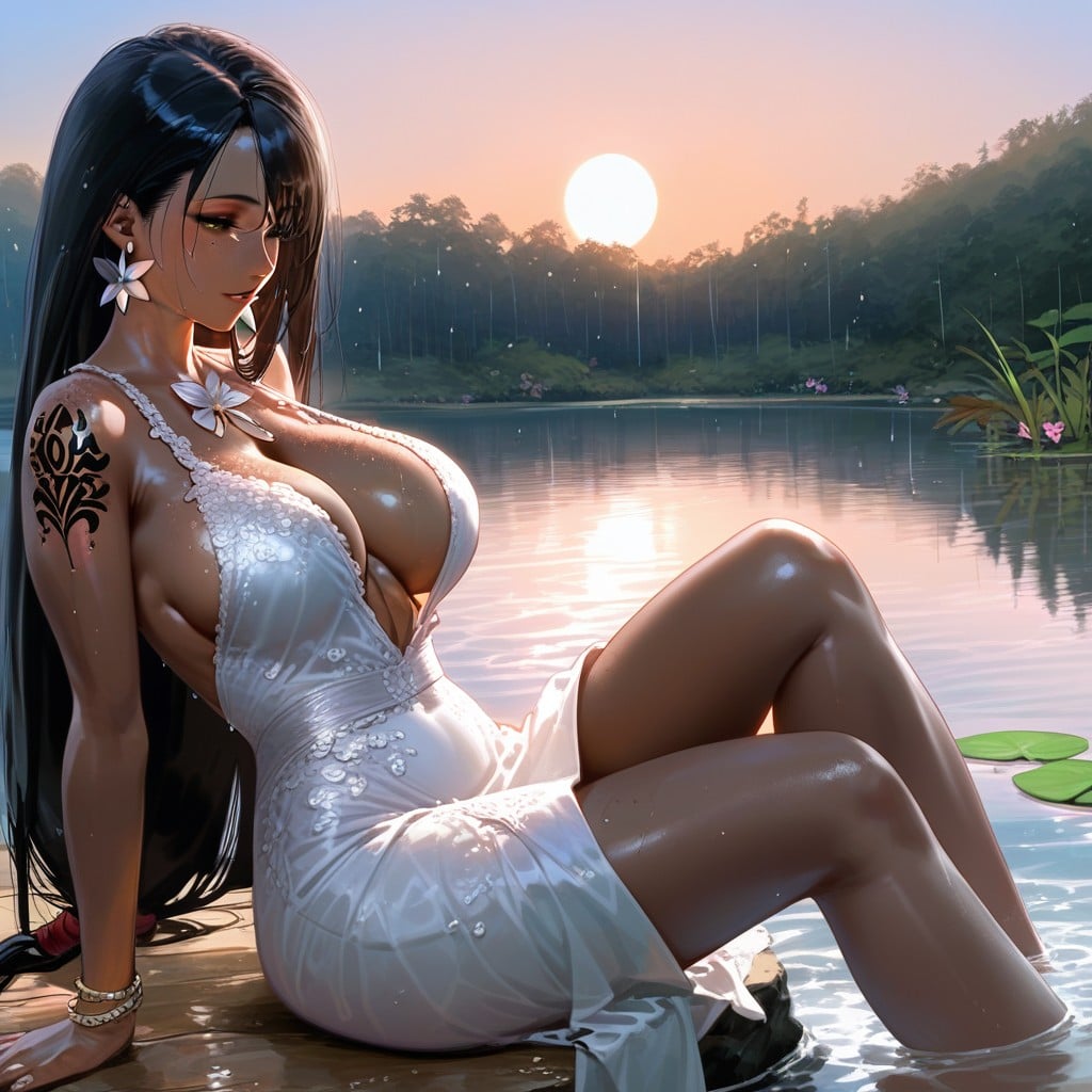 Wet Hair, Unbuttoned Dress, Flowery Meadow AI Porn