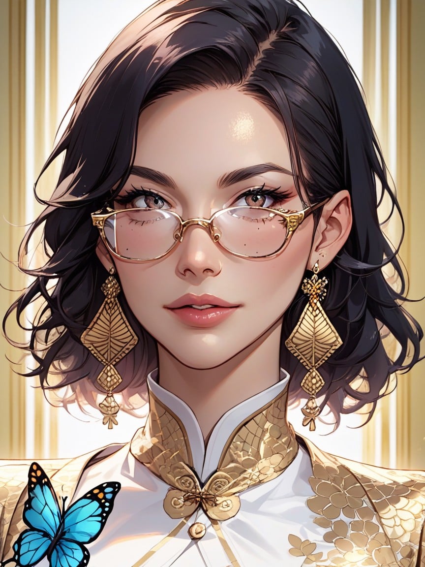 Such As Gold Earrings And Glasses, Long Sleeved Blouse, Complement The Overall Stylish And Graceful Look ヘンタイAIポルノ