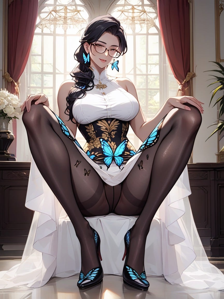 Such As Gold Earrings And Glasses, She Completes The Outfit With White Lace Patterned Pantyhose, 丸い胸 ヘンタイAIポルノ