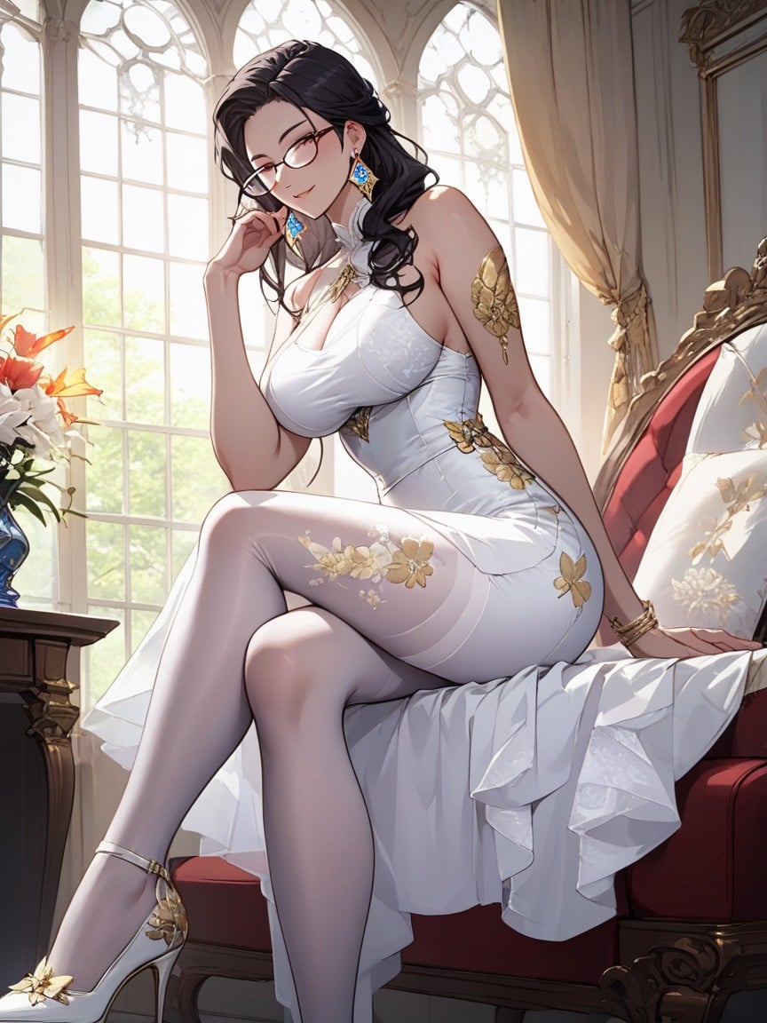 She Completes The Outfit With White Lace Patterned Pantyhose, Dark Hair And Subtle Accessories, 丸い胸 ヘンタイAIポルノ