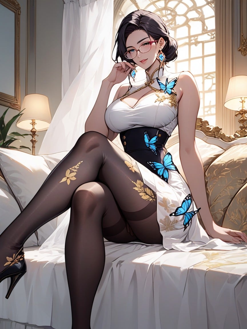 Dark Hair And Subtle Accessories, She Is Wearing A White, Hora Azul Hentai IA pornografia