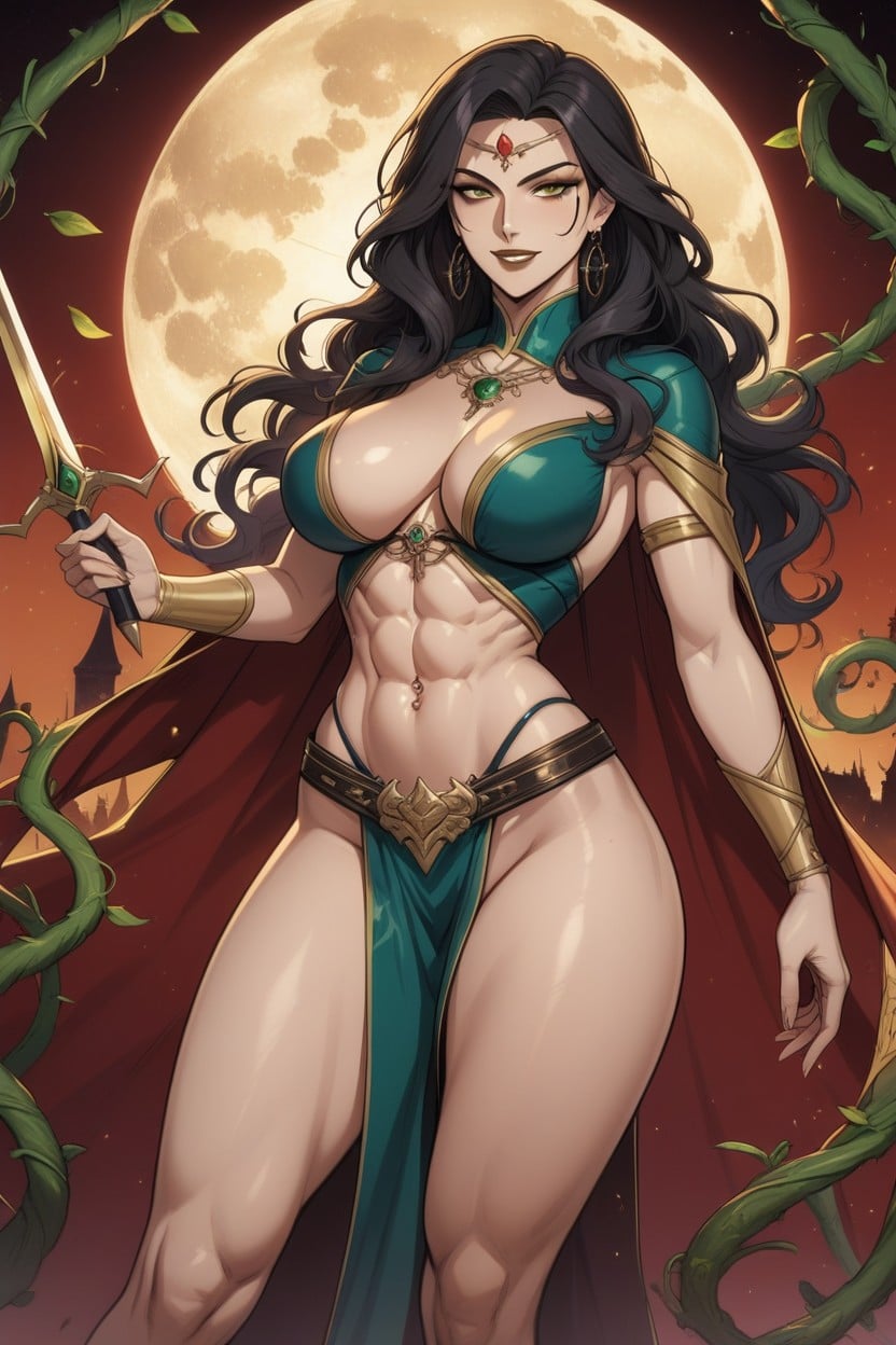 Strong Thighs, Looking At Viewer, Tattoos Of Vines With Leaves Running Down Arms And Legs AI Porn