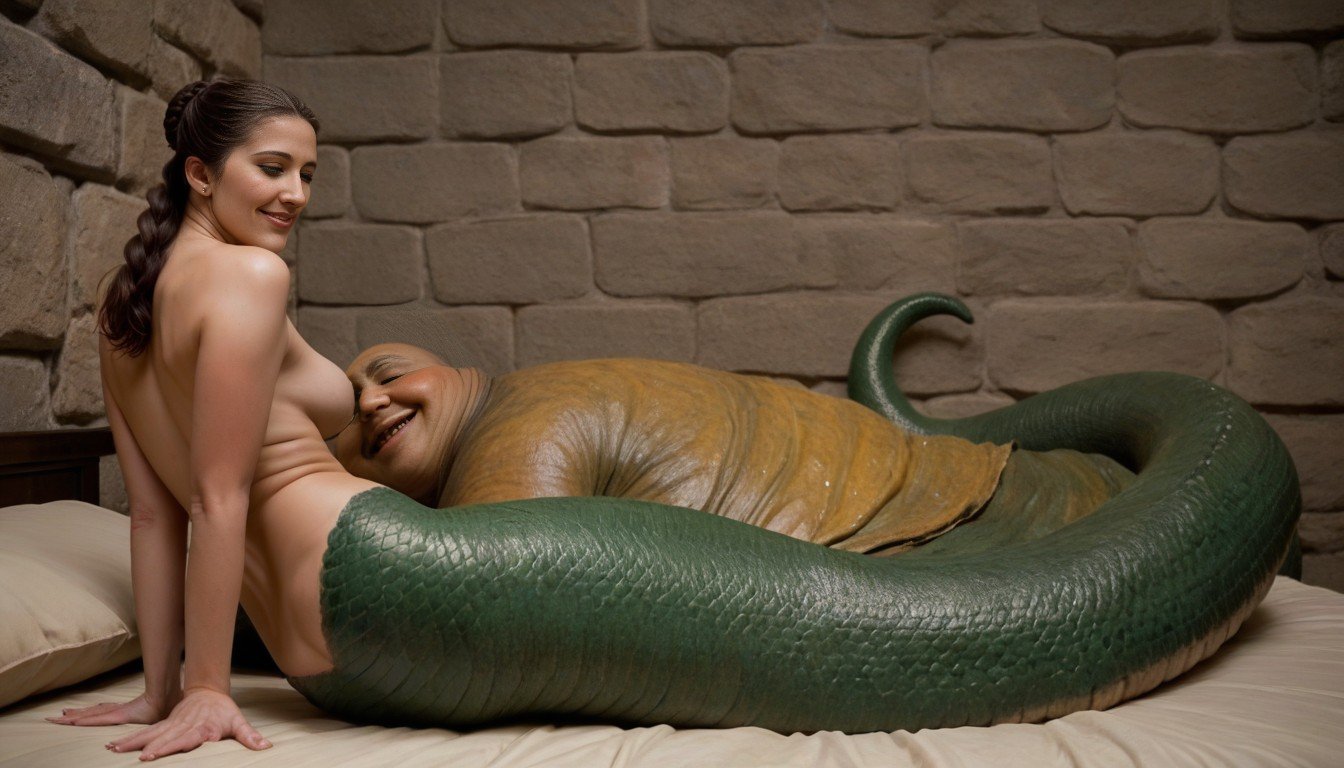 Fuck Leia, On A Bed In Dungeon, Jabba The Hutt Are A Green Male Lamia ゲイAIポルノ