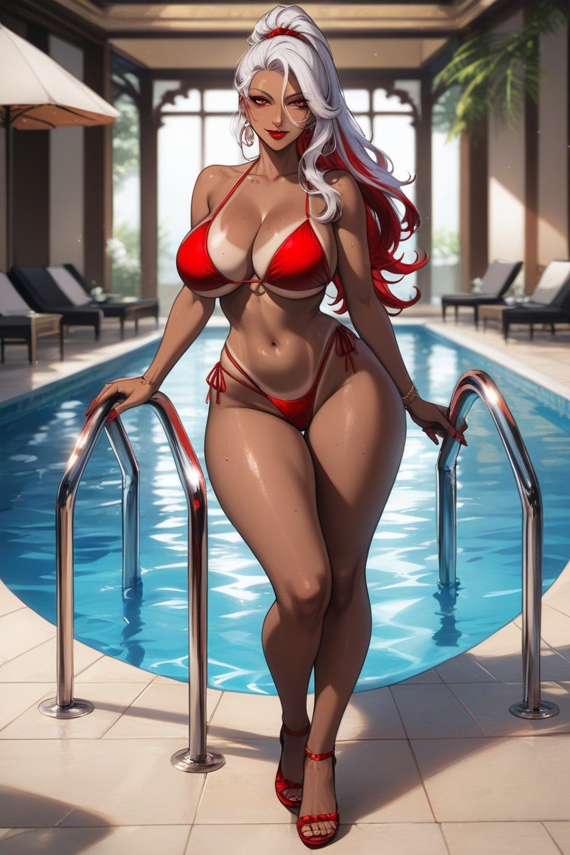 Tan Skin, White Hair With Red Highlights, Brown Skin Hentai AI Porn