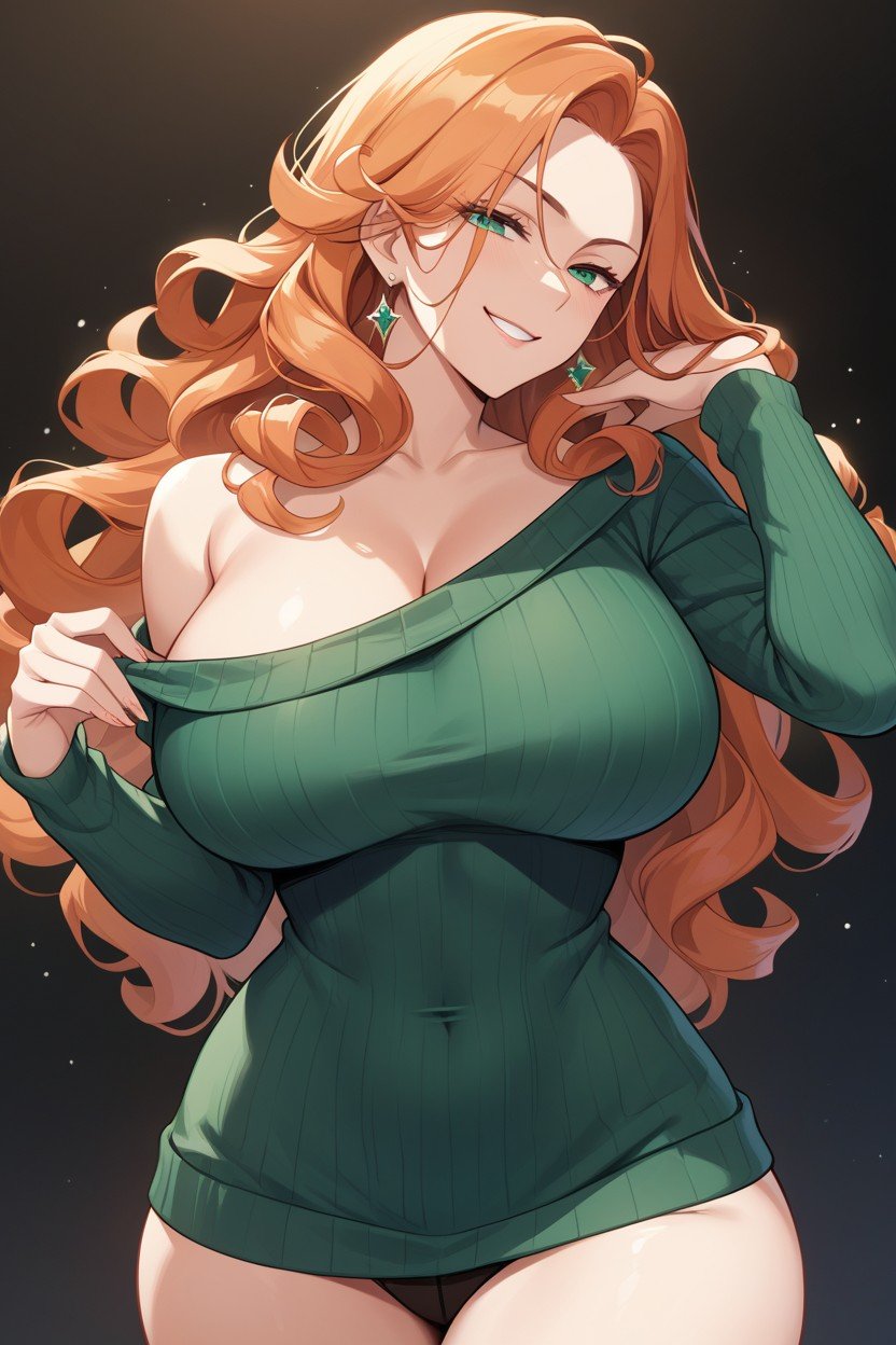 18+, Ginger Long Hair Curly Hair Green Sweater Smirk Curvy Woman, 大きな胸 ヘンタイAIポルノ