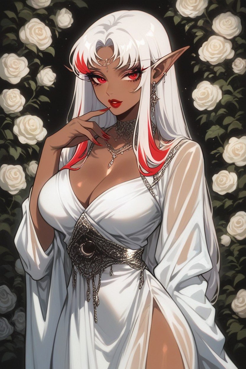 Red Highlights In White Hair, Silk Dress, Dark Skin Hentai AI Porn