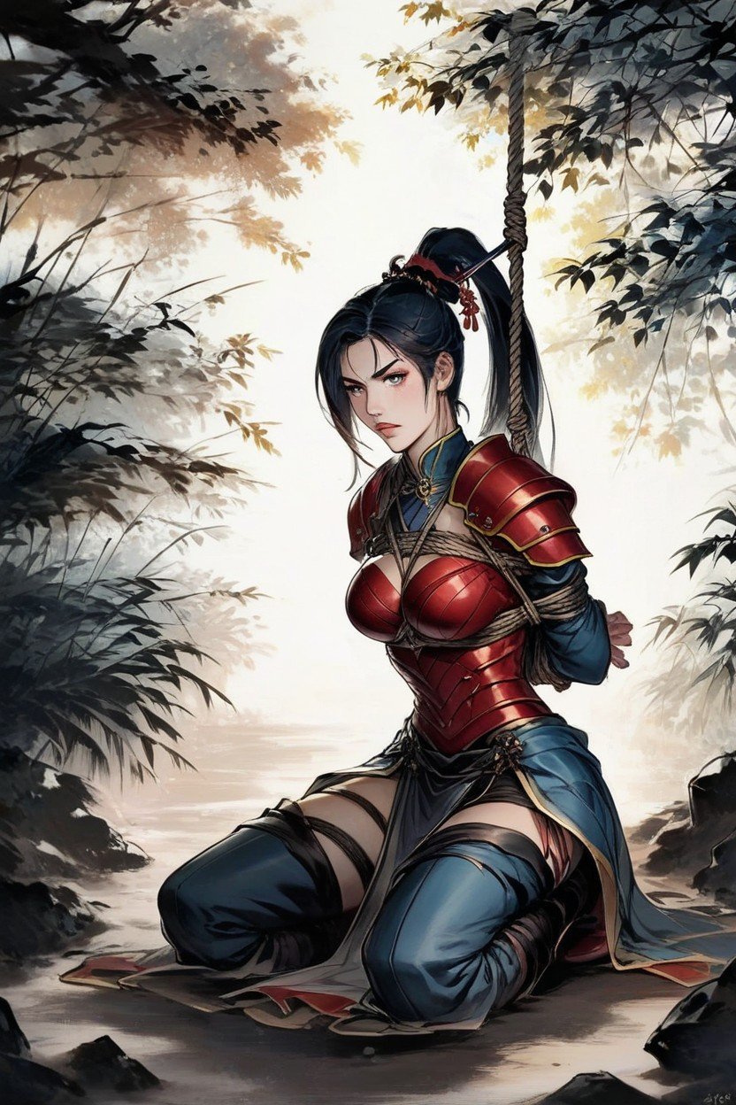 Outdoor Battlefield, Kneeling With Hands Behind Her Back, 중간 엉덩이 헨타이 AI 포르노