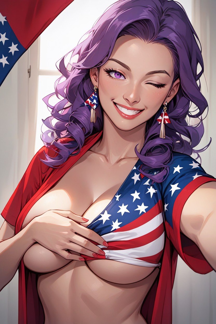 セルフィー, Long Curly Purple Hair, Covering Breasts With Flag ヘンタイAIポルノ